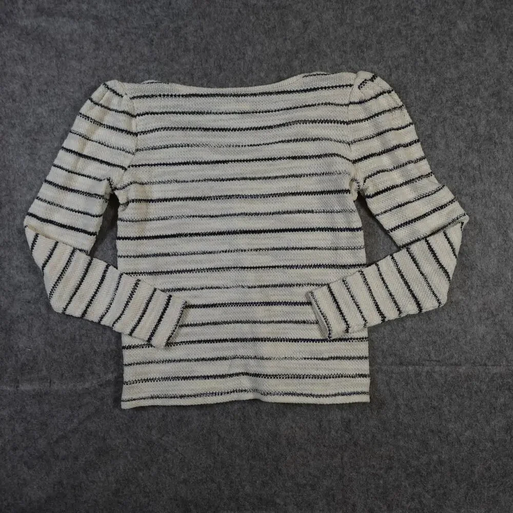 Madewell Top Womens Extra Small Puff Sleeve V-Neck Striped Knit White Blue‎